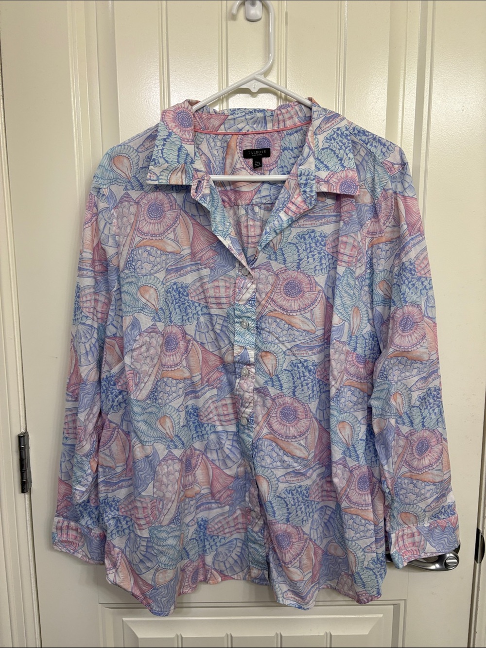 Talbots Pastel Shell-Print Button Front Shirt in Pink and Blue Beach Vacation